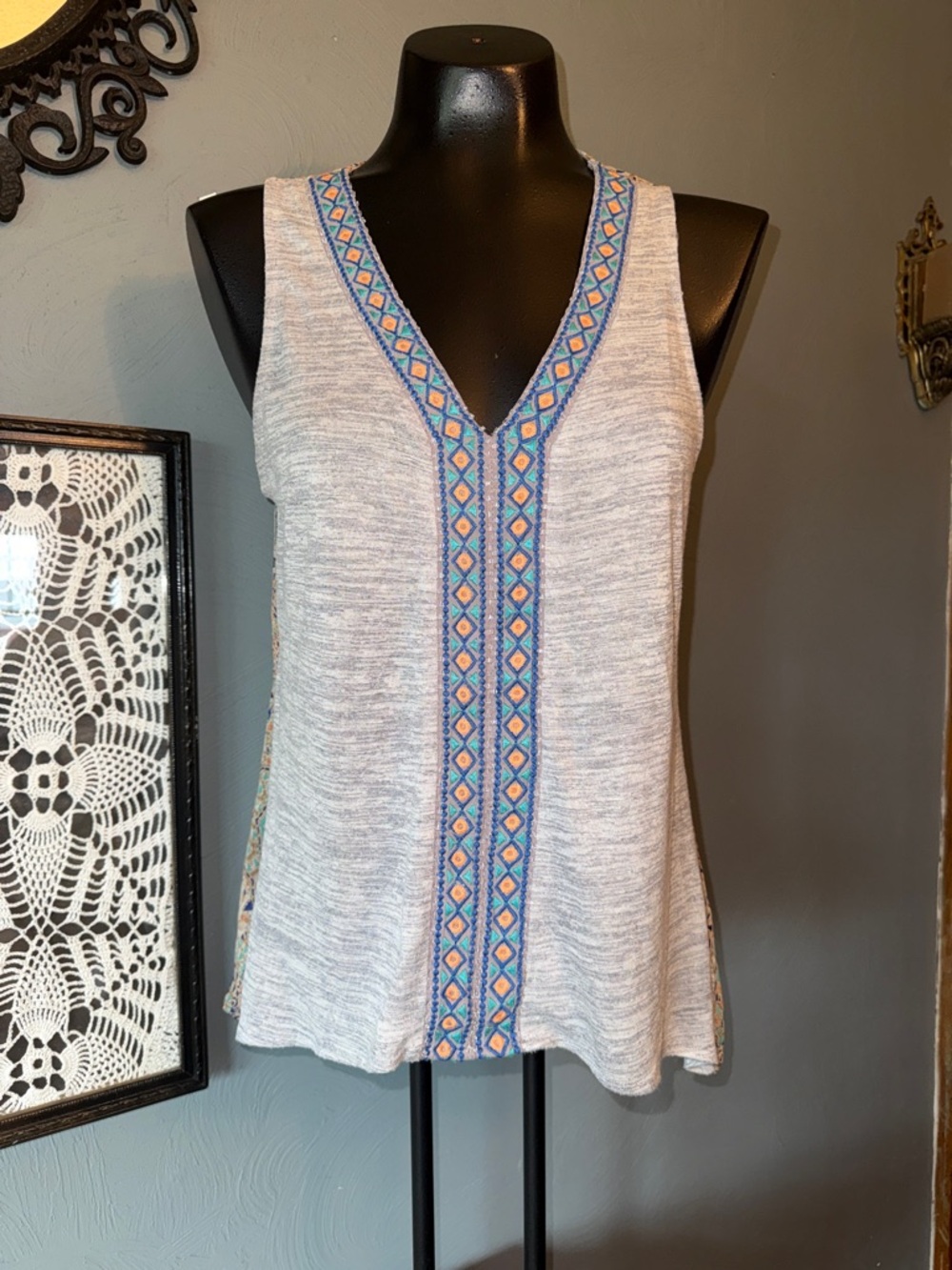 Miss Me Gray V-Neck Tank with Blue and Peach Embroidery